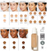 Foundation shade guide with skin tones and corresponding shade numbers, featuring a bottle of foundation.