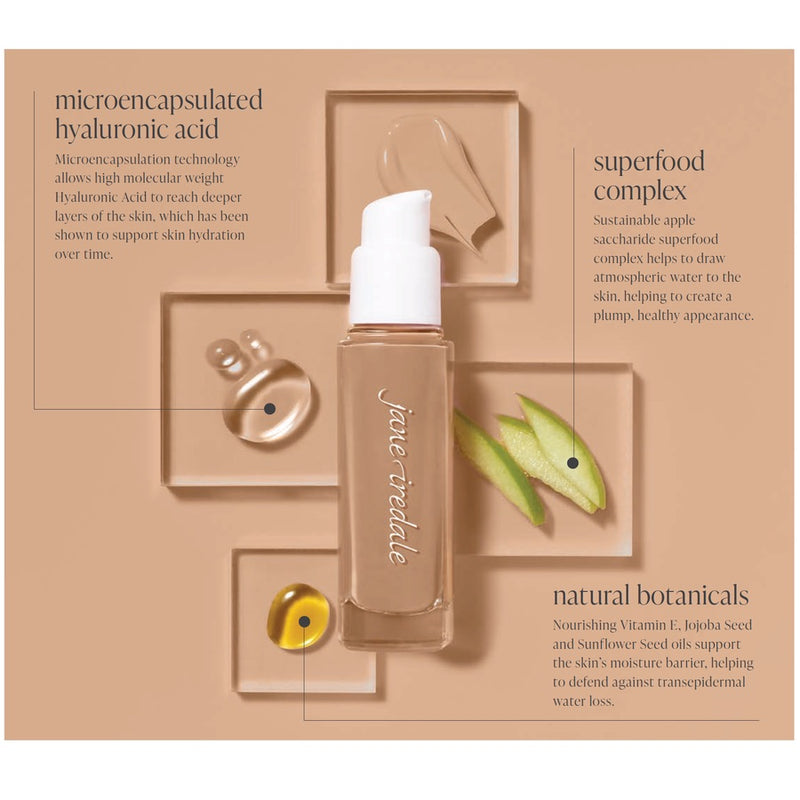 Jane Iredale product with text about microencapsulated hyaluronic acid, superfood complex, and natural botanicals on a beige background.